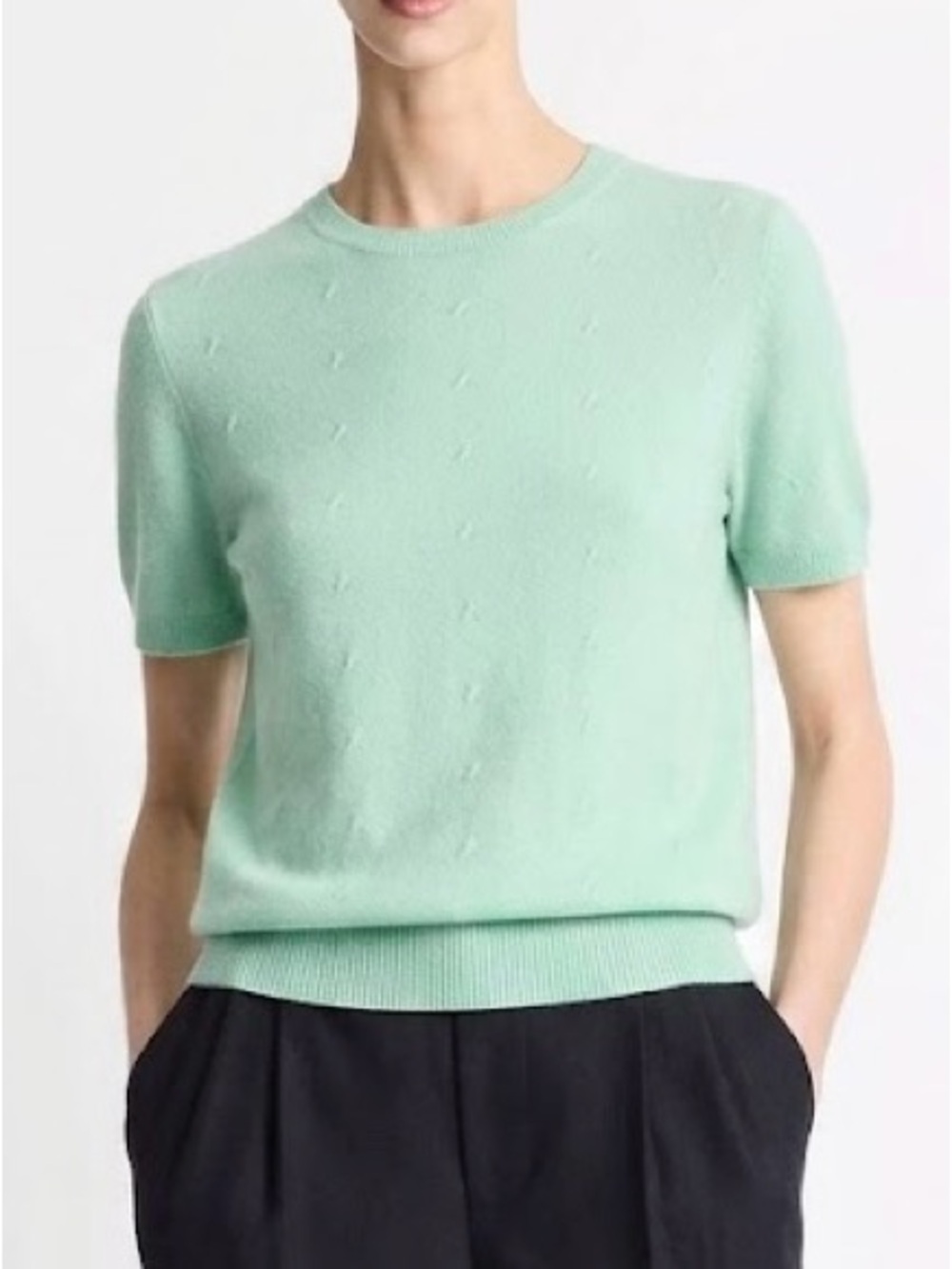 Talbots Petite Mint Green 100% Cashmere Cable Knit Short Sleeve CrewNeck Sweater